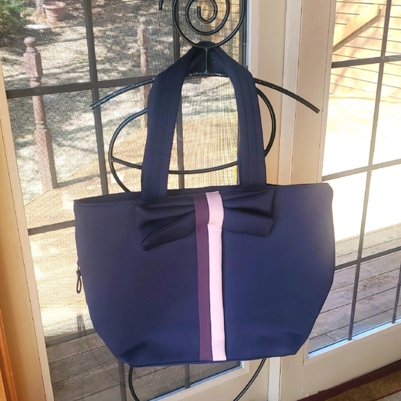 Stella & Dot Elegant Navy and Pink/Purple Bow Big Zippered Many Pockets Tote Bag - Picture 1 of 10